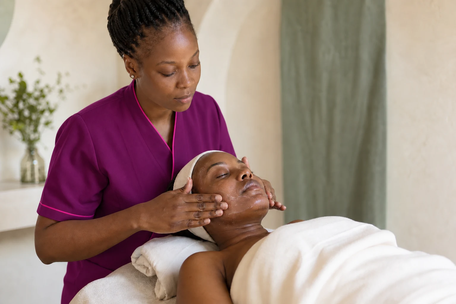 A Body Touch specialist in a plum uniform providing a personalised facial treatment