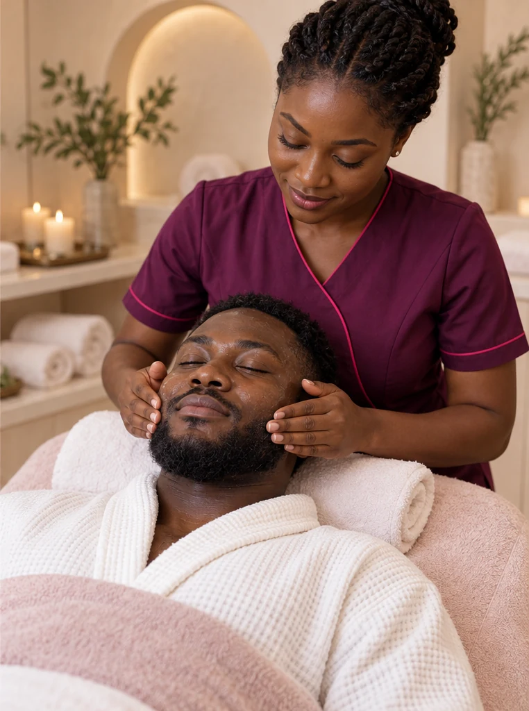 A Ghanaian man receiving the finishing touch of a facial treatment from a specialist in a plum uniform