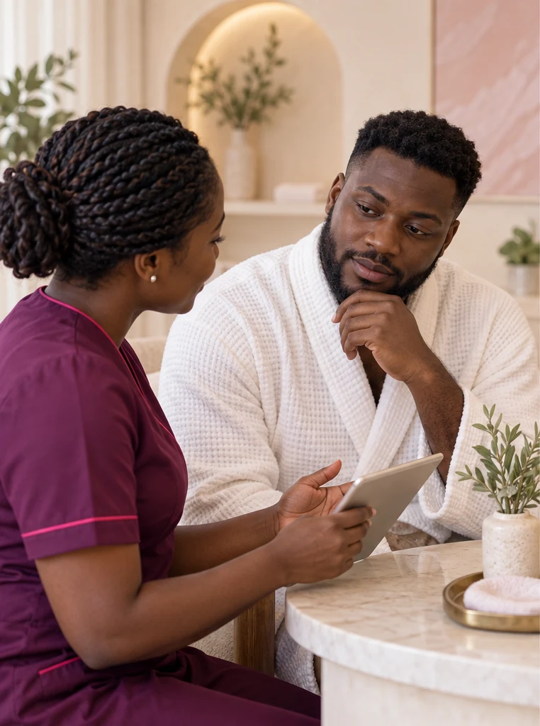 A Ghanaian man having a skin consultation with a Body Touch facial specialist