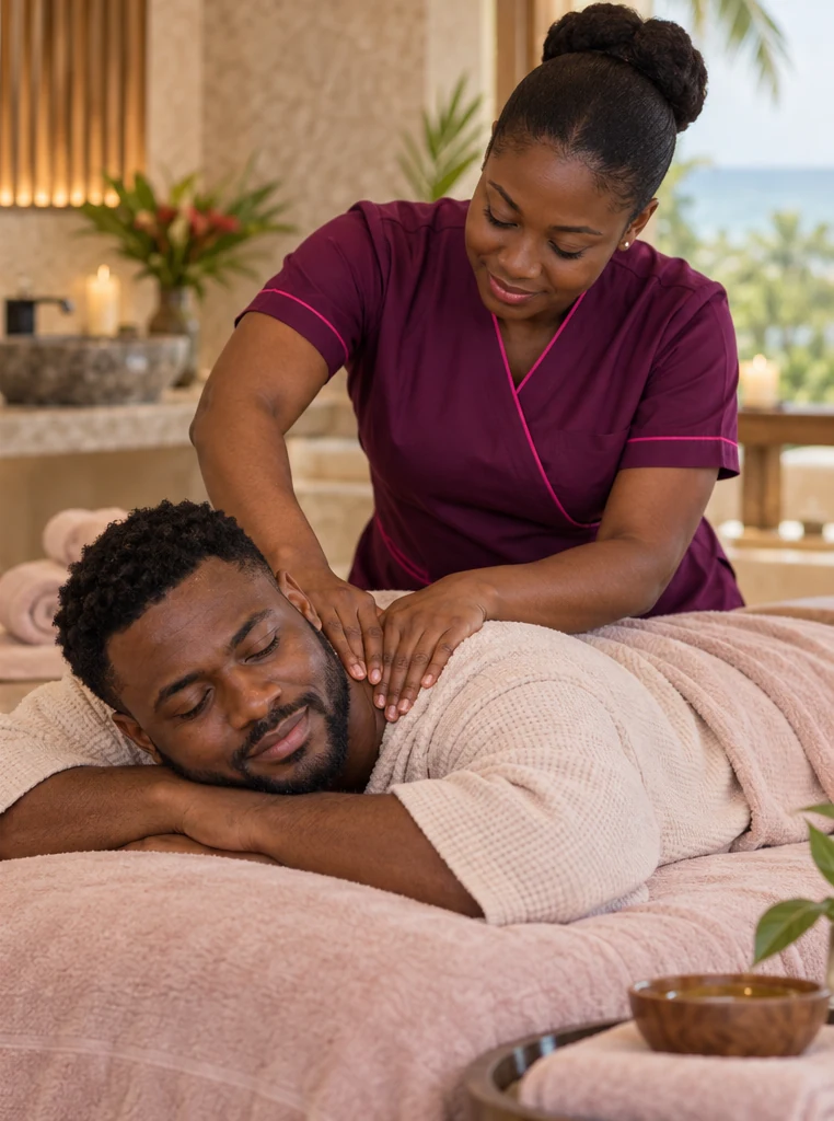 A relaxed Ghanaian man receiving a shoulder massage from a Body Touch therapist in a plum uniform