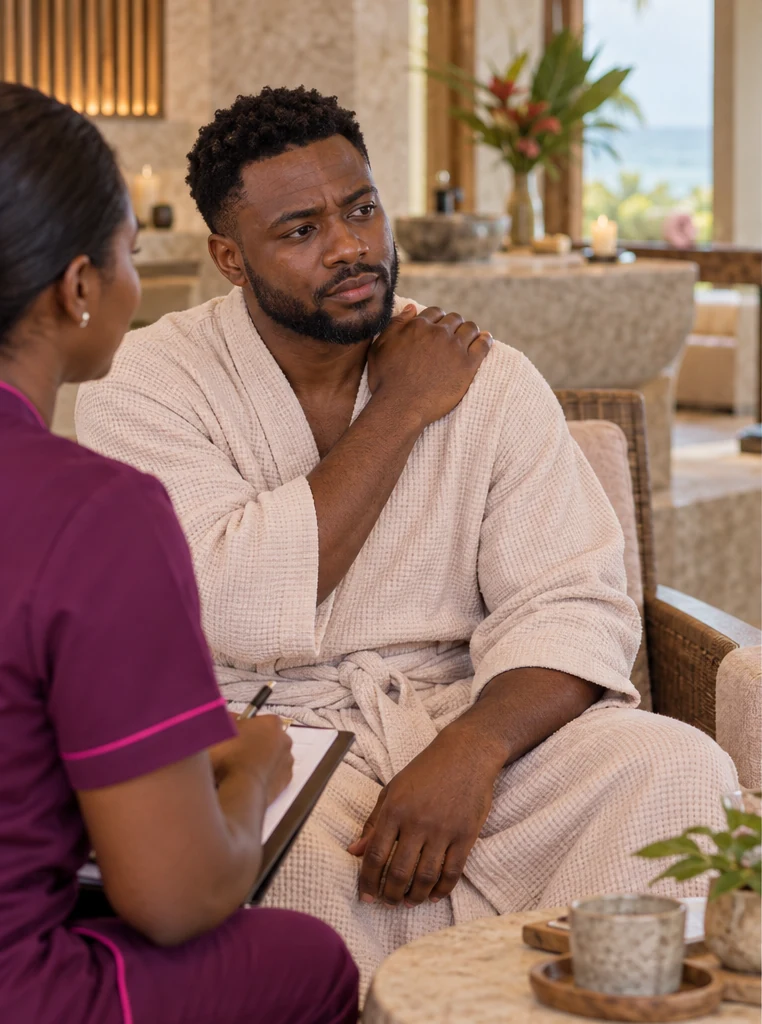 A Ghanaian man discussing shoulder tension with a Body Touch therapist before his massage